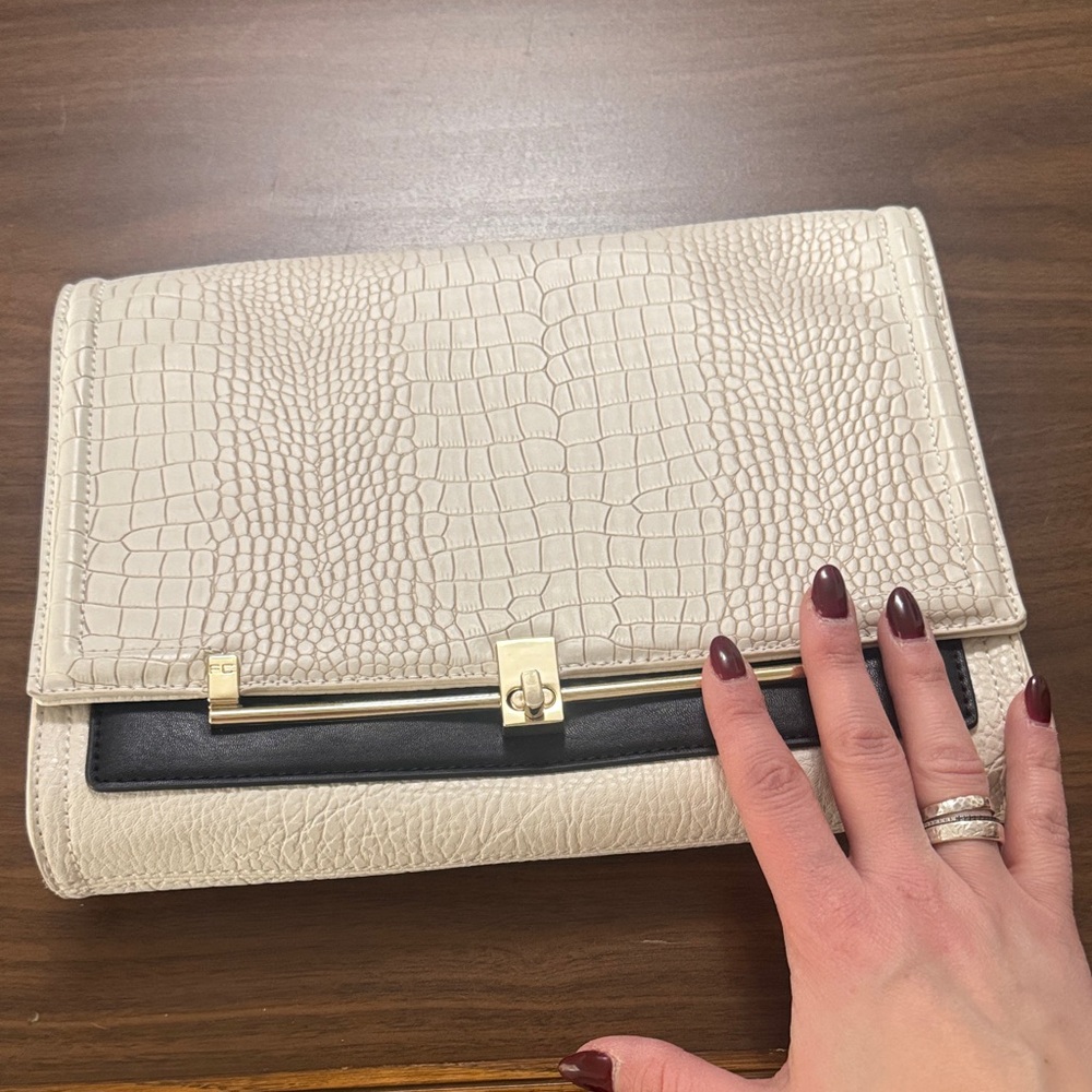 French Connection Cream Croc-Embossed Clutch